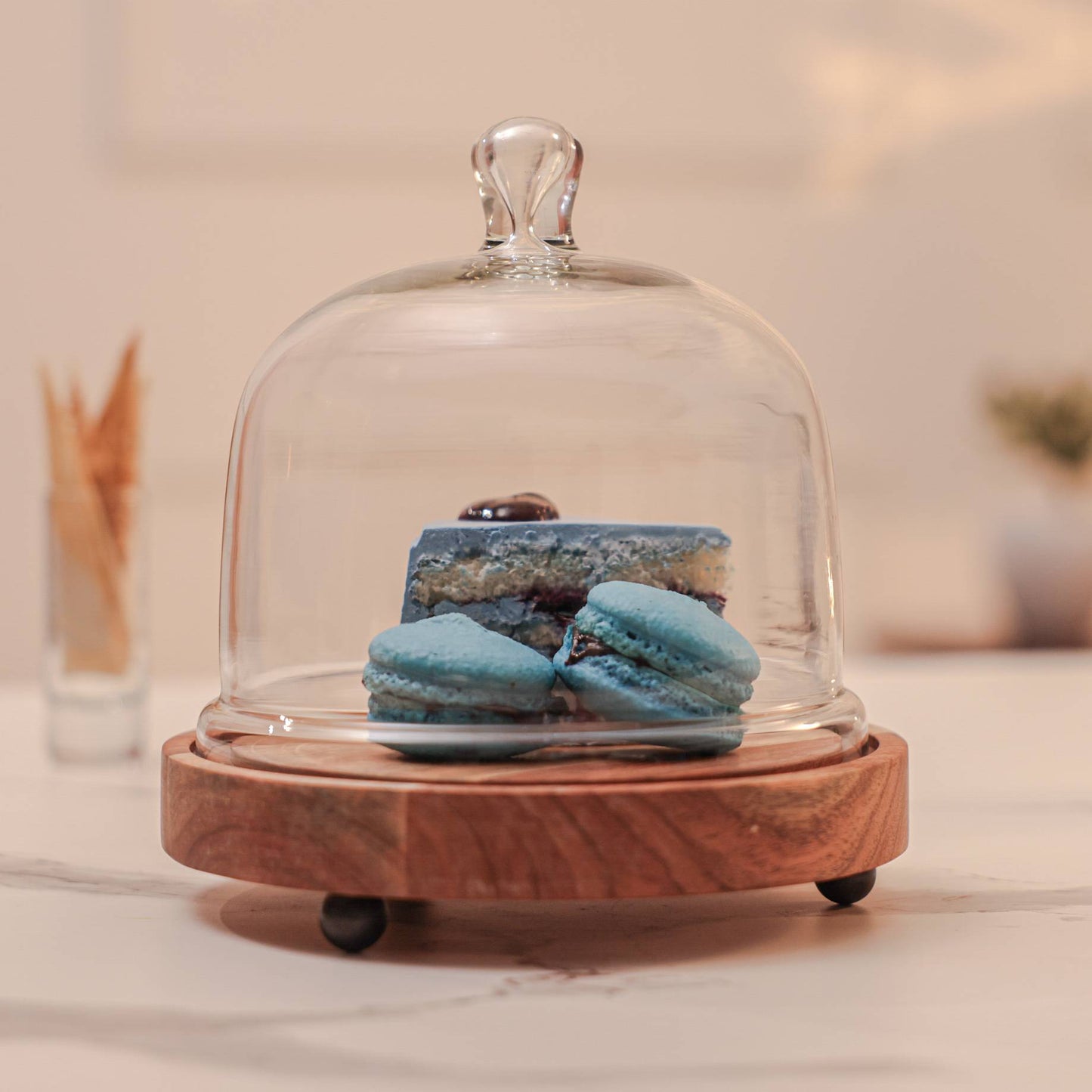 Sweet Haven Acacia Wood Cake Stand with Glass Dome