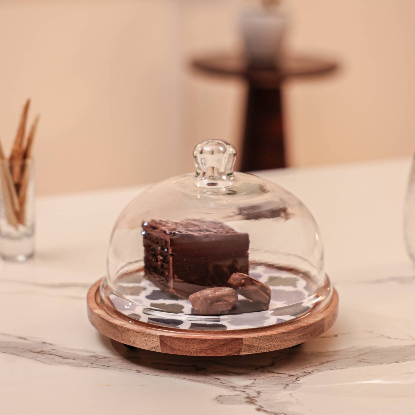 Frosty Bliss Acacia Wood Cake Stand with Glass Dome