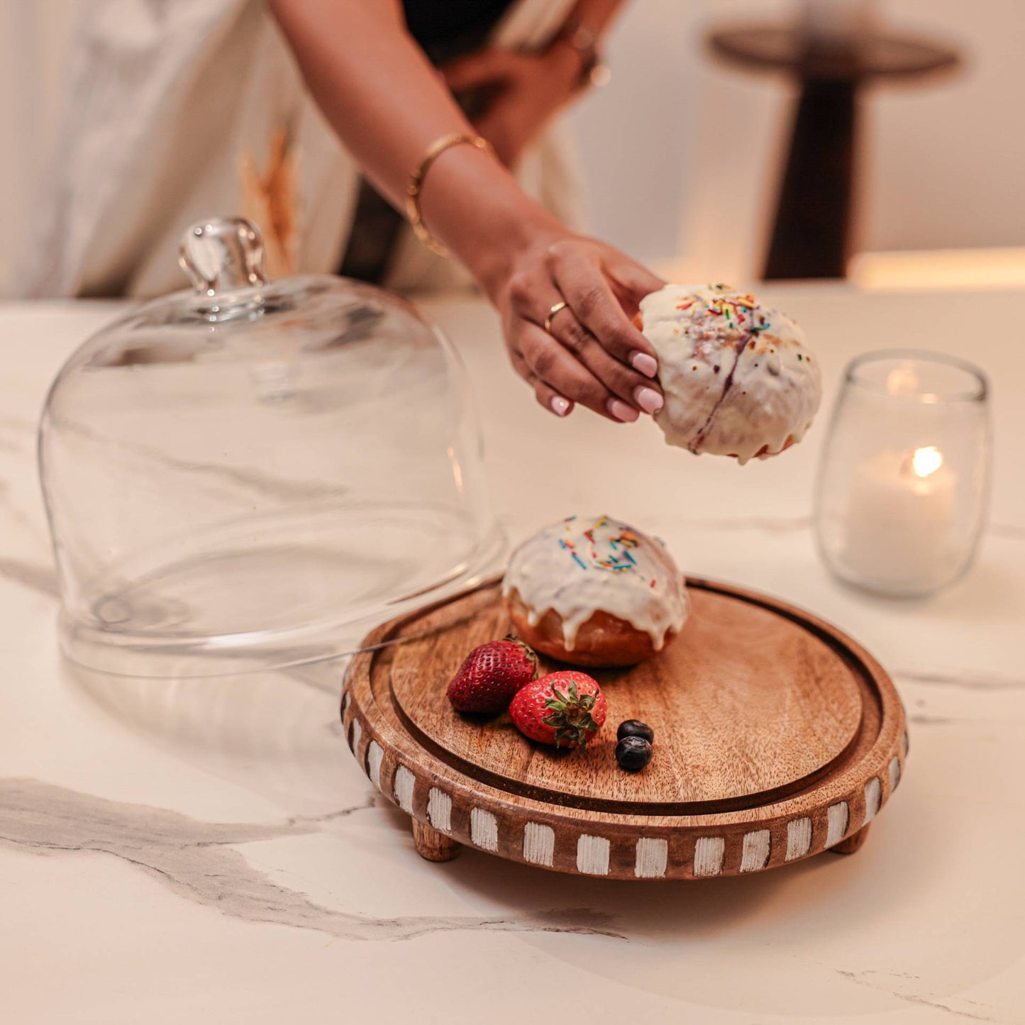 Sugar Sphere Acacia Wood Cake Stand with Glass Dome