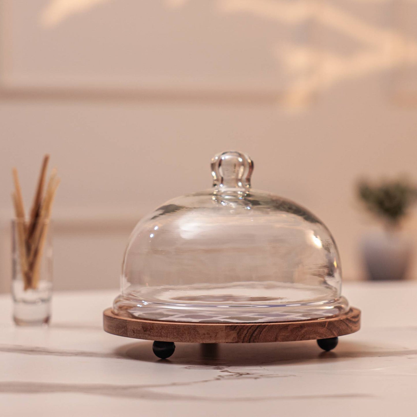 Frosty Bliss Acacia Wood Cake Stand with Glass Dome
