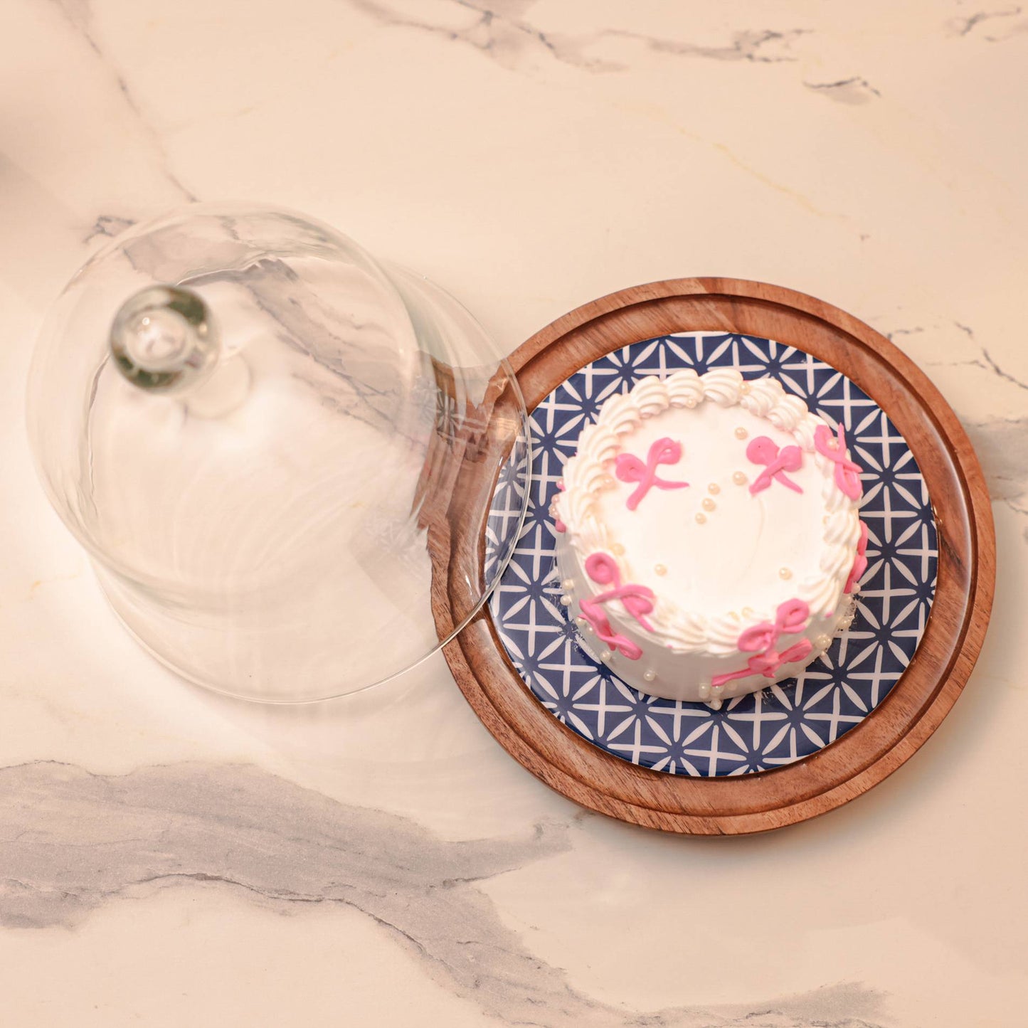 Candy Cloud Acacia Wood Cake stand with Glass Dome