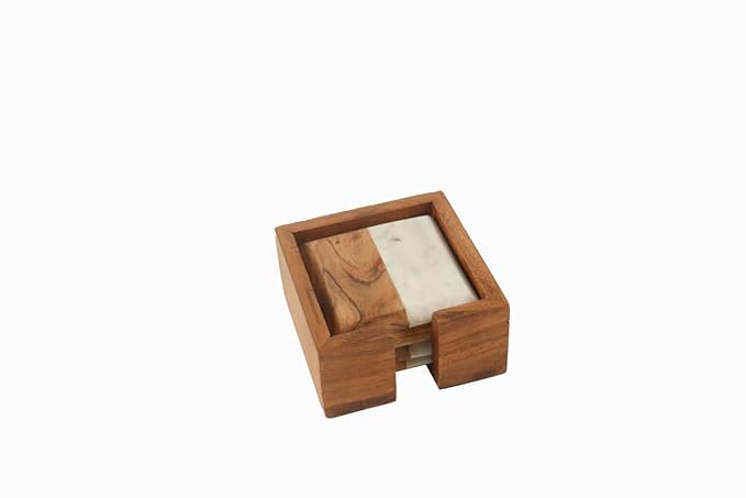 S/4 Acacia Wood Coasters & Marble with Wooden Caddy, Premium Finish