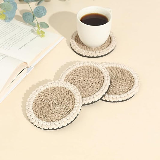 Jute Coasters (Set of 4) - Natural Fiber Coasters for Coffee, Tea, and More