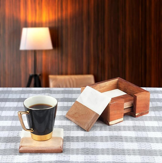 S/4 Acacia Wood Coasters & Marble with Wooden Caddy, Premium Finish