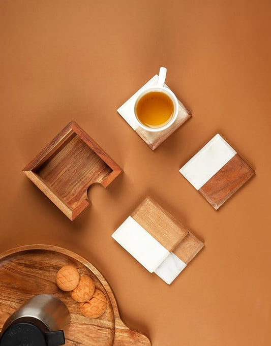 S/4 Acacia Wood Coasters & Marble with Wooden Caddy, Premium Finish