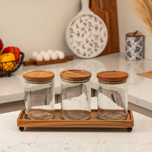Trine Set of 3 Glass Jars with Acacia Wood Airtight Lids and Tray