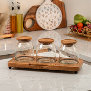 Savor Set of 3 Glass Jars with Acacia Wood Airtight Lids, Spoon and Tray