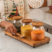 Savor Set of 3 Glass Jars with Acacia Wood Airtight Lids, Spoon and Tray