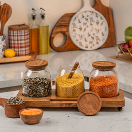 Savor Set of 3 Glass Jars with Acacia Wood Airtight Lids, Spoon and Tray