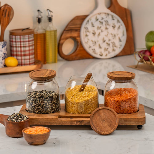 Savor Set of 3 Glass Jars with Acacia Wood Airtight Lids, Spoon and Tray