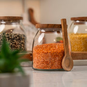 Savor Set of 3 Glass Jars with Acacia Wood Airtight Lids, Spoon and Tray