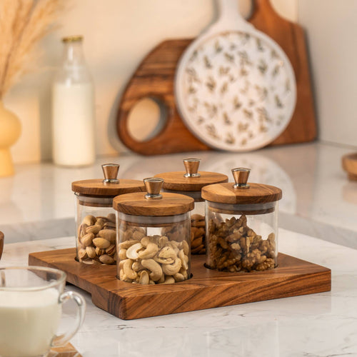 Sheen Set of 4 Glass Jars with Acacia Wood Airtight Lid and Tray