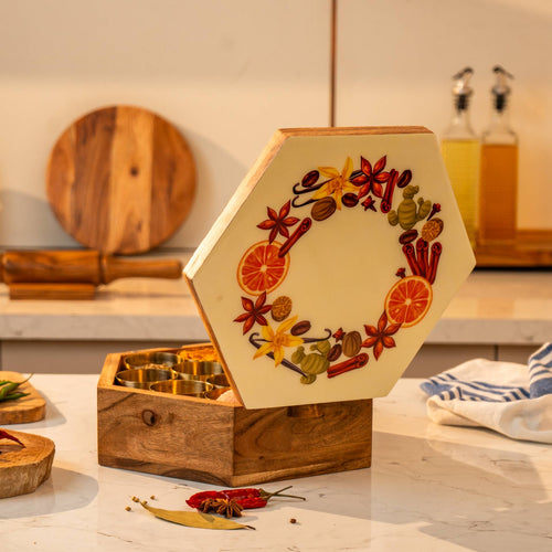 Rasika Acacia Wood & Brass Masala Box
