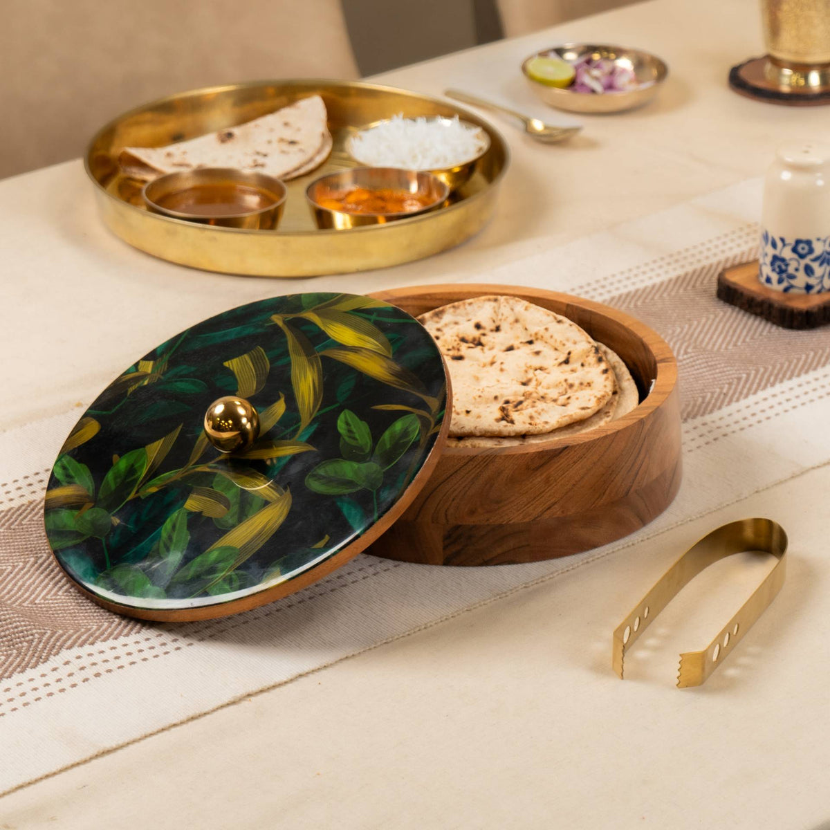 Acacia Roti Box Pallav Acacia Wood Roti Box with Metal Tong – Ireka Homes