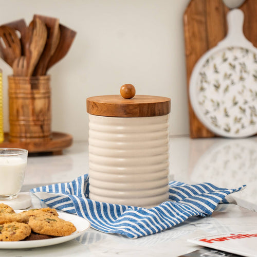 Ecru Ceramic Canister with Airtight Acacia Wood Lid
