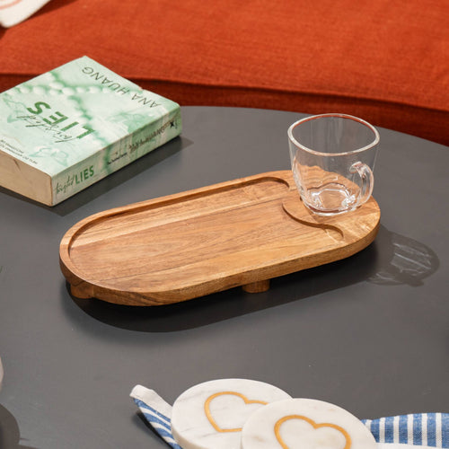 Sanjh Acacia Wood Serving Tray with Glass Cup