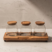 Savor Set of 3 Glass Jars with Acacia Wood Airtight Lids, Spoon and Tray