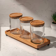 Trine Set of 3 Glass Jars with Acacia Wood Airtight Lids and Tray