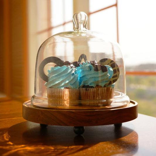 Sweet Haven Acacia Wood Cake Stand with Glass Dome