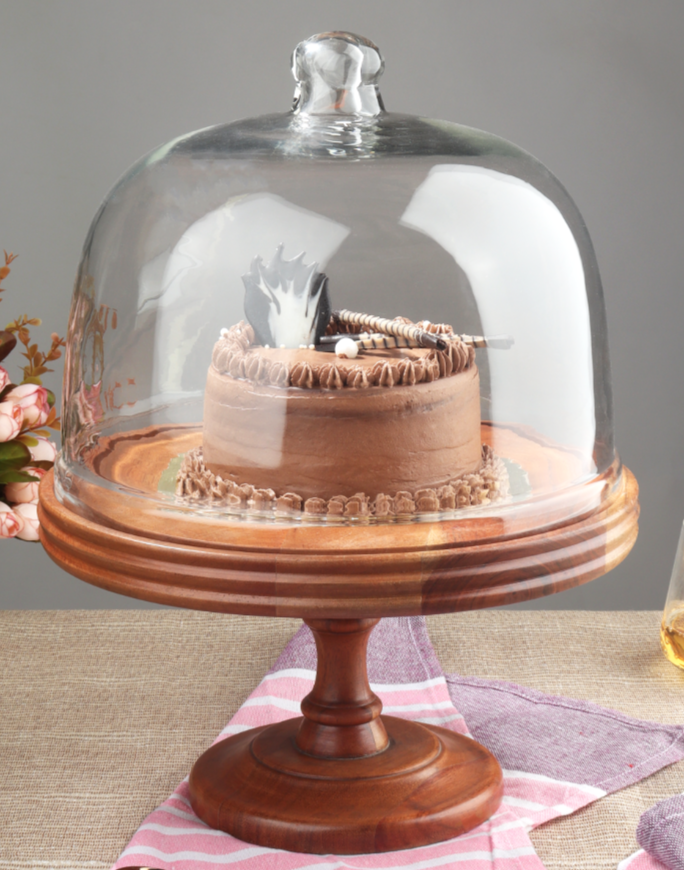 Party Bell Acacia Wood Cake Stand with Glass Dome