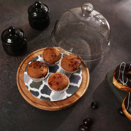 Frosty Bliss Acacia Wood Cake Stand with Glass Dome