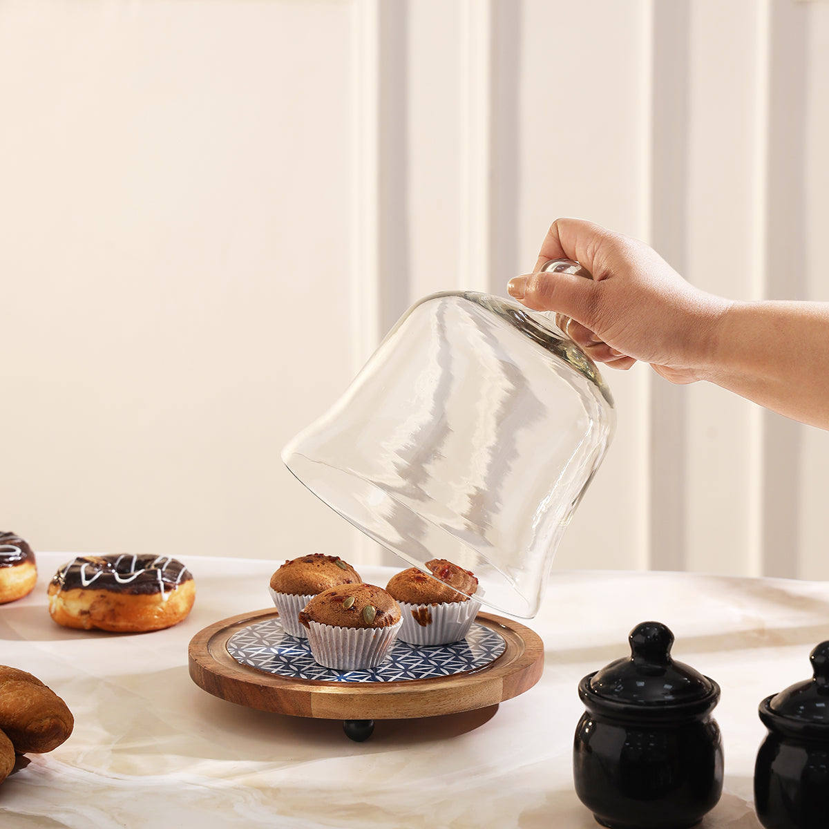 Candy Cloud Acacia Wood Cake Stand with Glass Dome