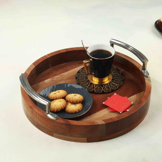 Medium ACACIA WOOD SERVING TRAY WITH METAL HANDLE