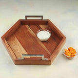 ACACIA WOOD SERVING TRAY WITH METAL HANDLE