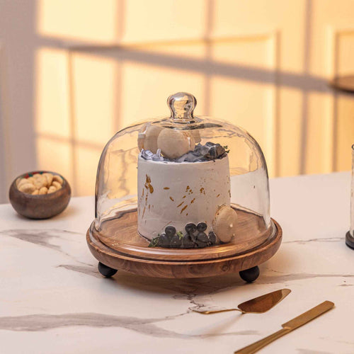 Parstry Pod Acacia Wood cake Stand with Glass Dome