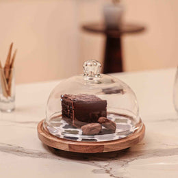 Frosty Bliss Acacia Wood Cake Stand with Glass Dome