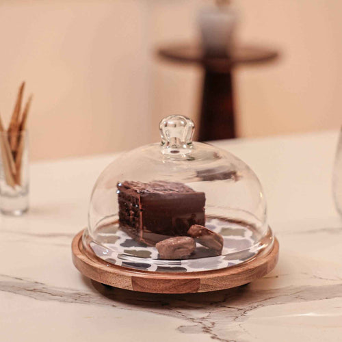Frosty Bliss Acacia Wood Cake Stand with Glass Dome