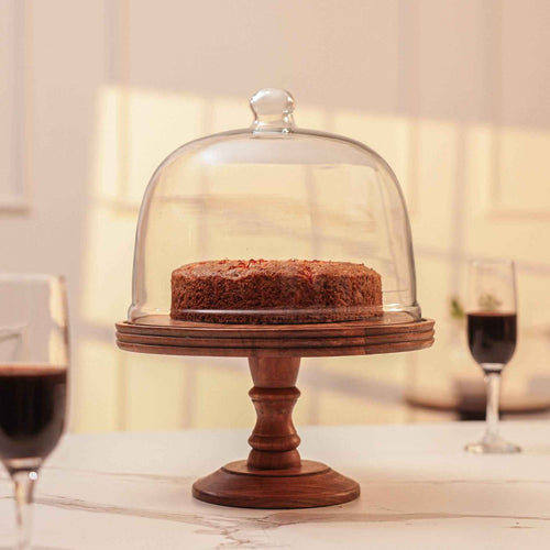 Party Bell Acacia Wood Cake Stand with Glass Dome