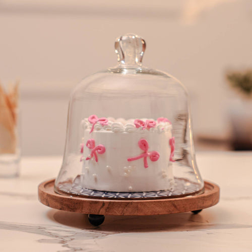 Candy Cloud Acacia Wood Cake stand with Glass Dome