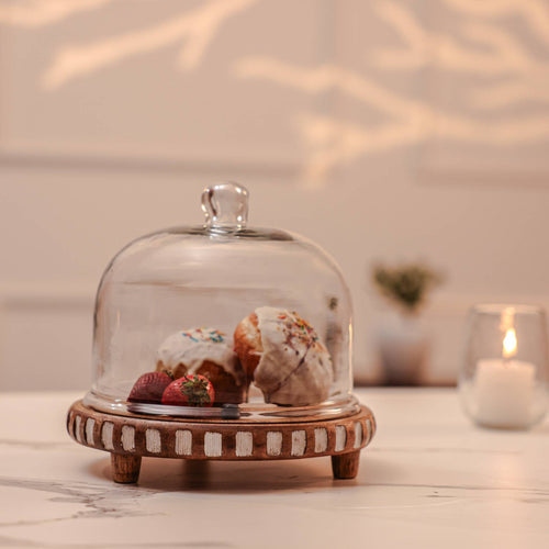 Sugar Sphere Acacia Wood Cake Stand with Glass Dome