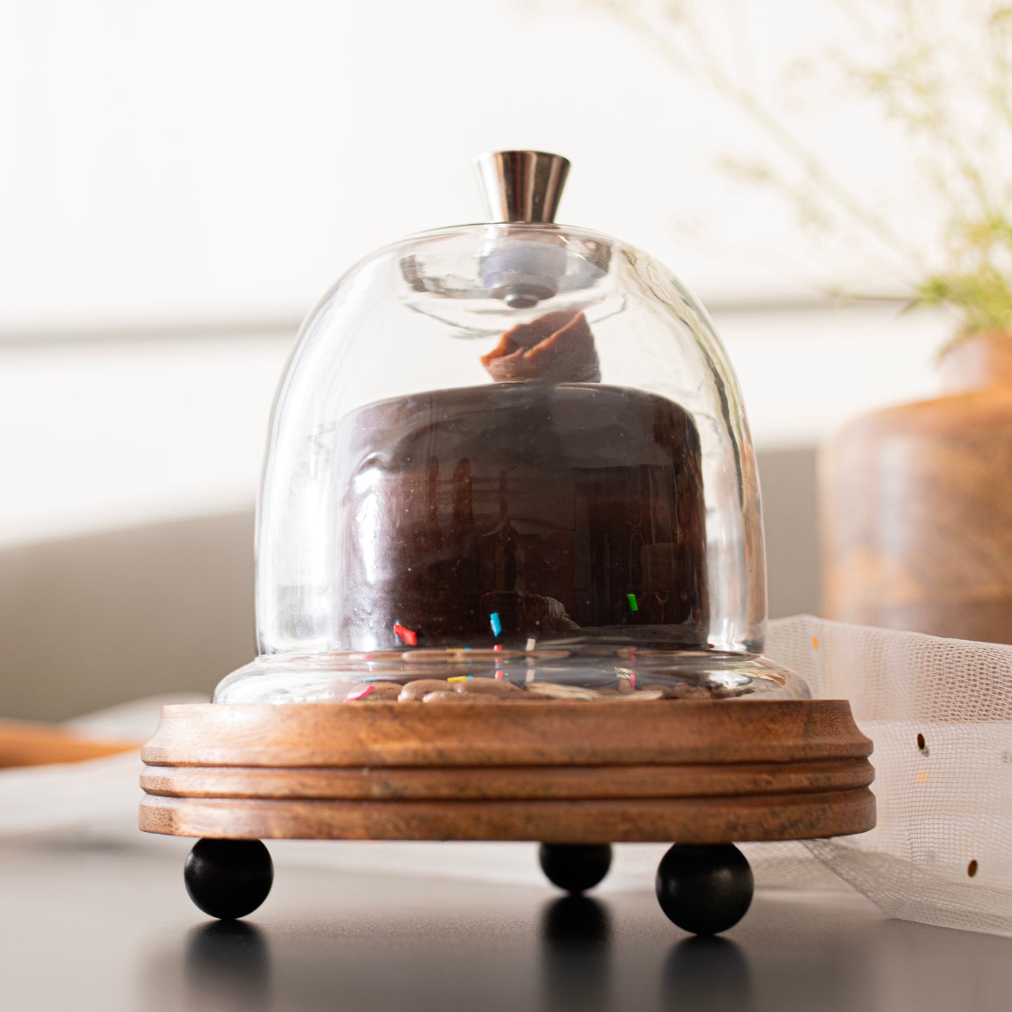 Candy Glow Acacia Wood Cake Stand with Glass Dome