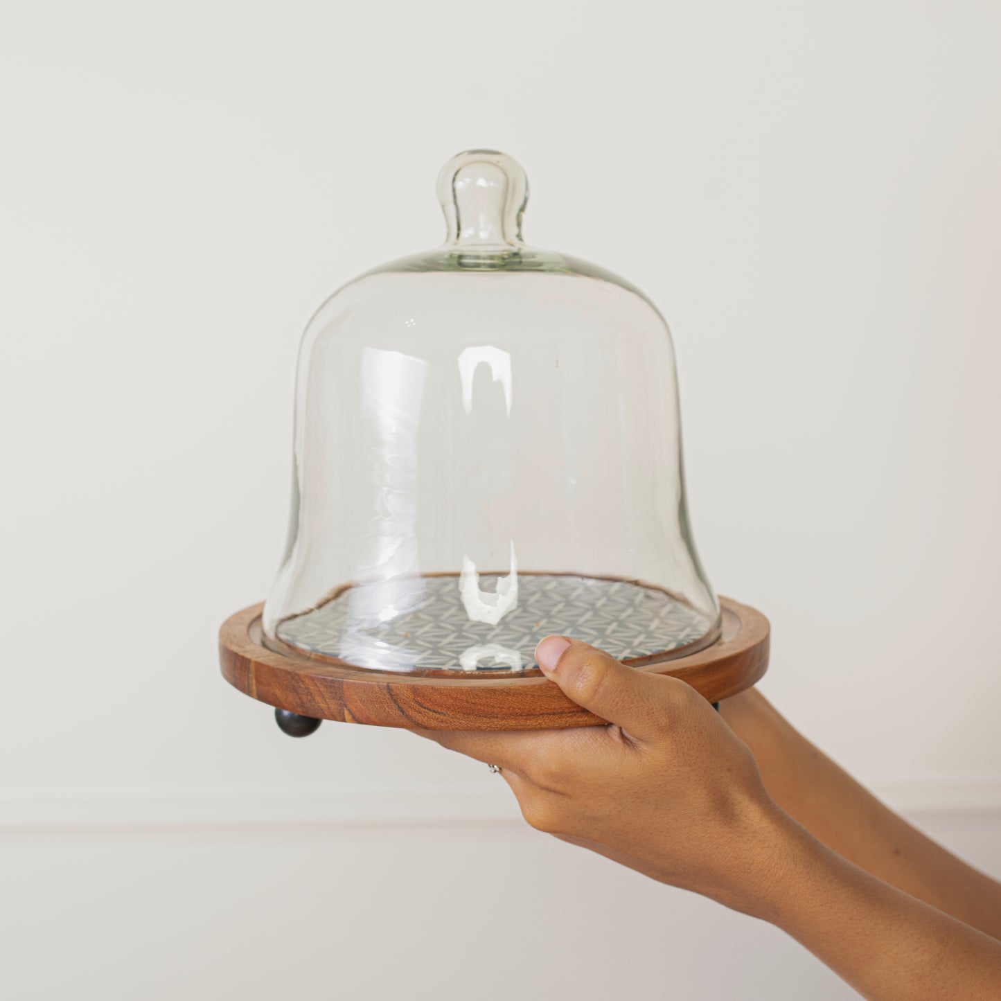 Candy Cloud Acacia Wood Cake Stand with Glass Dome