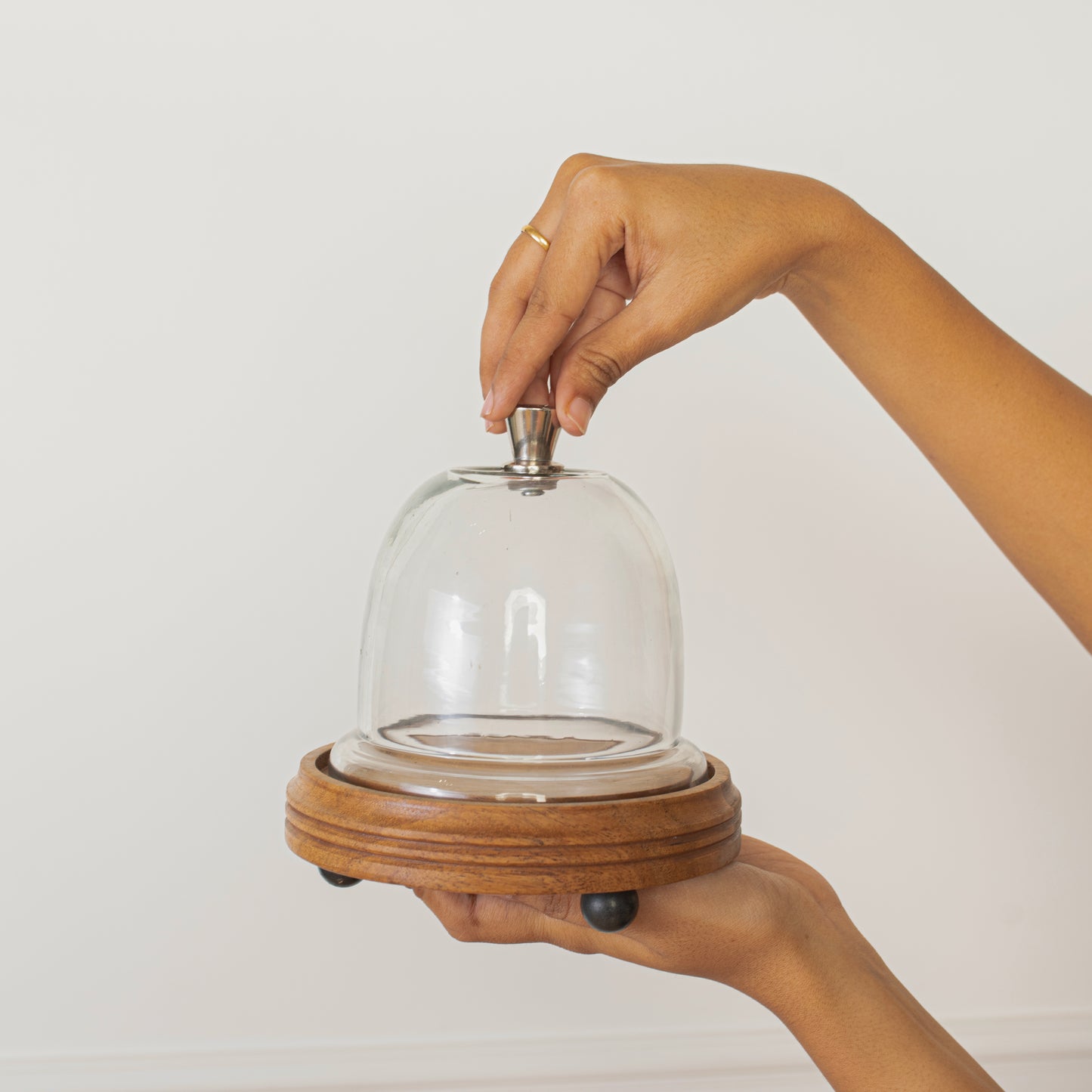 Candy Glow Acacia Wood Cake Stand with Glass Dome