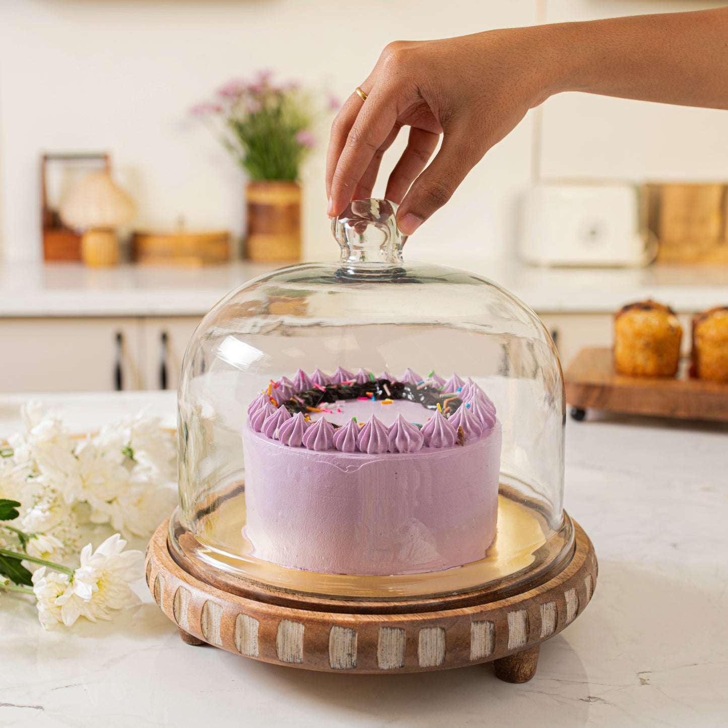 Sugar Sphere Acacia Wood Cake Stand with Glass Dome