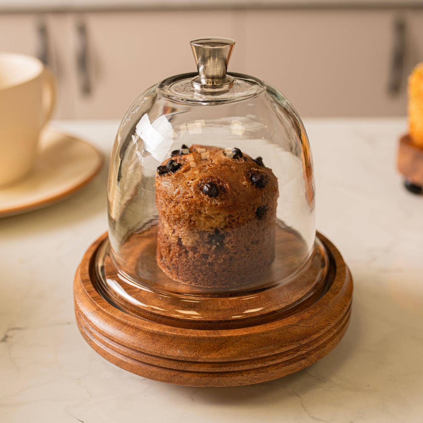 Candy Glow Acacia Wood Cake Stand with Glass Dome